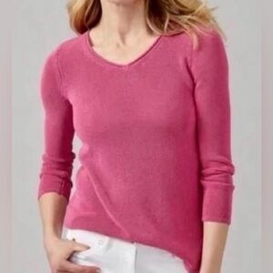 J. McLaughlin Callum Open Knit V-Neck Sweater in Azalea Pink Size Medium
